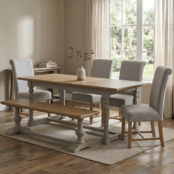 Chilton Grey and Natural Wooden Extending Dining Table with 4 Beige Chairs and 1 Bench