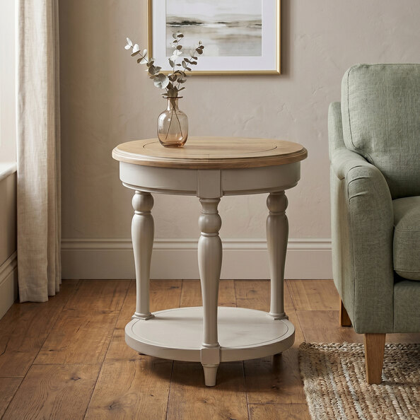 Chilton Round Wooden Side Table in Grey And Natural