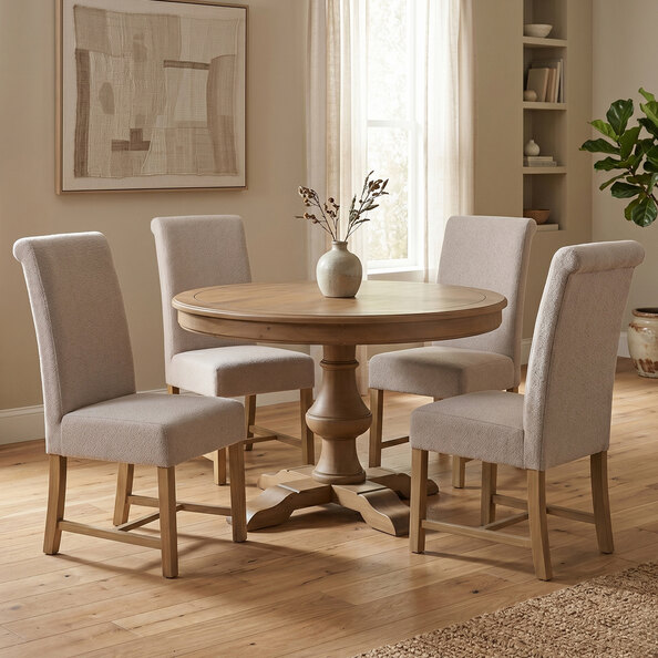 Chilton Rustic Wooden Dining Table with 4 Beige Chairs