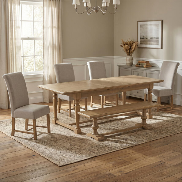 Chilton Rustic Wooden Extending Dining Table with 4 Beige Chairs and 1 Bench