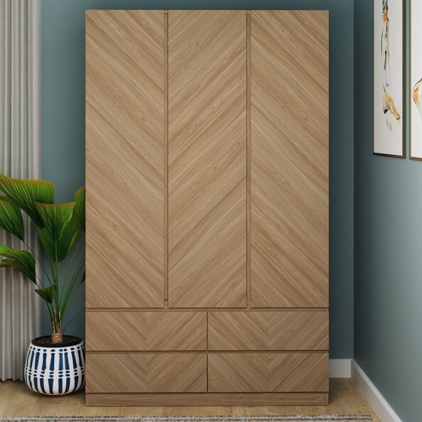 Ciana Wooden Wardrobe With 3 Doors 4 Drawers In Euro Oak