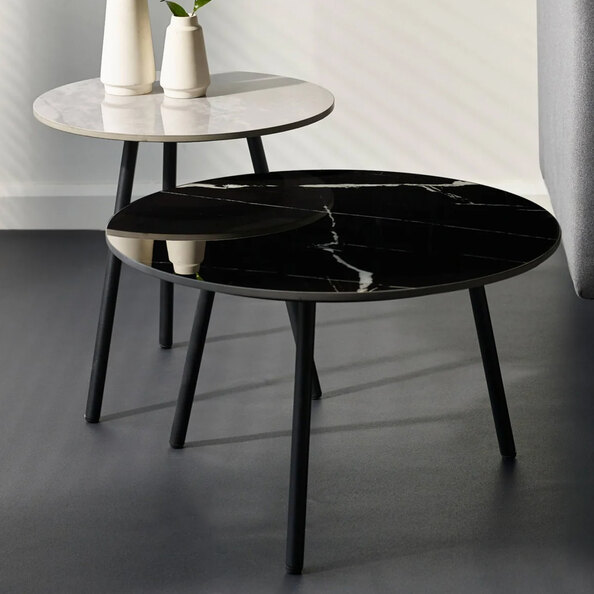 Cicero Sintered Stone Marble Effect Tops Nesting Side Tables - Black And White