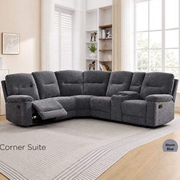 Cirelan Plush Fabric Manual Recliner Corner Sofa in Storm Blue