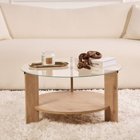 Clarae Clear Tempered Glass Coffee Table with Sapphire Oak Wooden Base