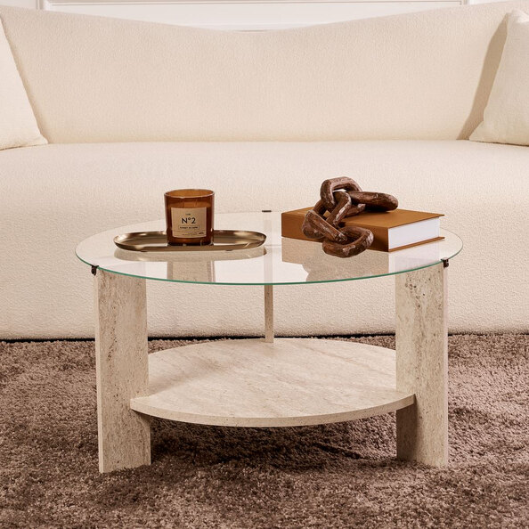 Clarae Clear Tempered Glass Coffee Table with Travertine Marble Effect