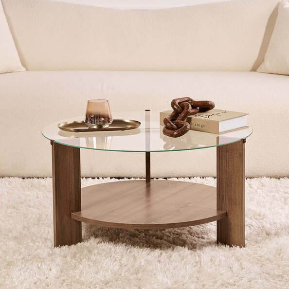 Clarae Clear Tempered Glass Coffee Table with Walnut Wooden Base