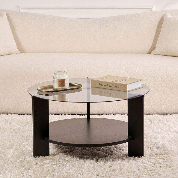 Clarae Fume Tempered Glass Coffee Table with Black Wooden Base