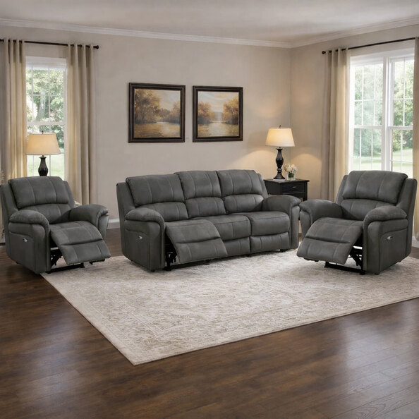 Claton Fabric Electric Recliner 3+1+1 Seater Sofa Set - Ultra Grey Suede