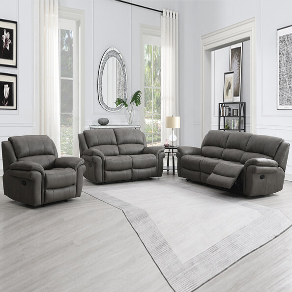 Claton Fabric Manual Recliner Sofa Suite in Ultra Grey Suede