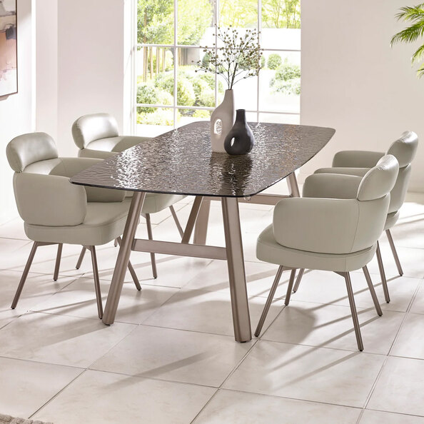 Cleburne Brown Smoked Bubble Glass Top Dining Table With 4 Beige Chairs