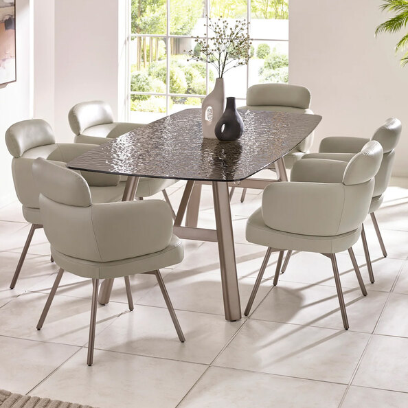 Cleburne Brown Smoked Bubble Glass Top Dining Table With 6 Beige Chairs