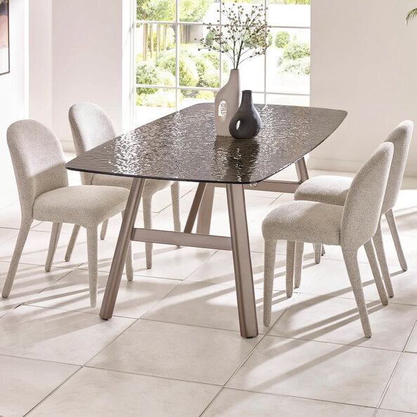 Cleburne Brown Smoked Bubble Glass Top Dining Table With Hinckley 4 Beige Chairs