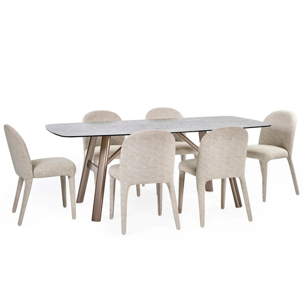 Cleburne Brown Smoked Bubble Glass Top Dining Table With Hinckley 6 Beige Chairs