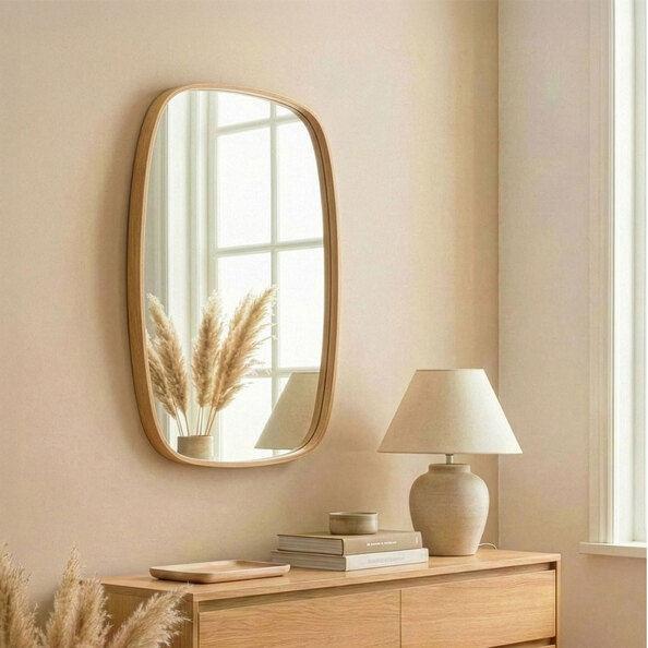 Cloudy Large Glass Wall Mirror with Solid Oak Wood Frame