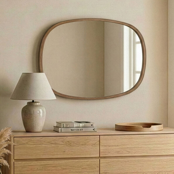 Cloudy Small Glass Wall Mirror with Walnut Solid Wood