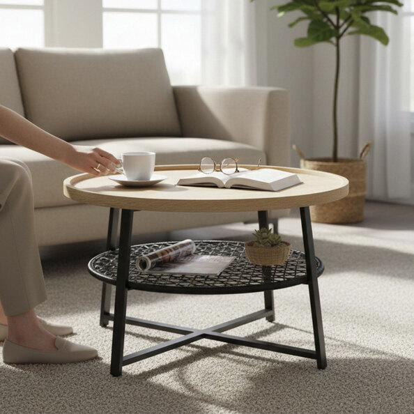 Colton Wooden Coffee Table with Black Steel Base in Natural Oak