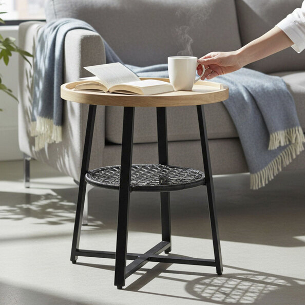 Colton Wooden Side Table with Black Steel Base in Natural Oak