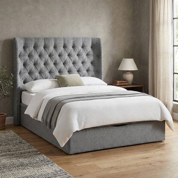 Colusa Fabric Ottoman Storage Double Bed In Grey