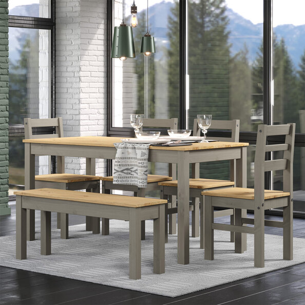 Consett Large Wooden Dining Table with 4 Chairs and 1 Bench in Grey and Oak