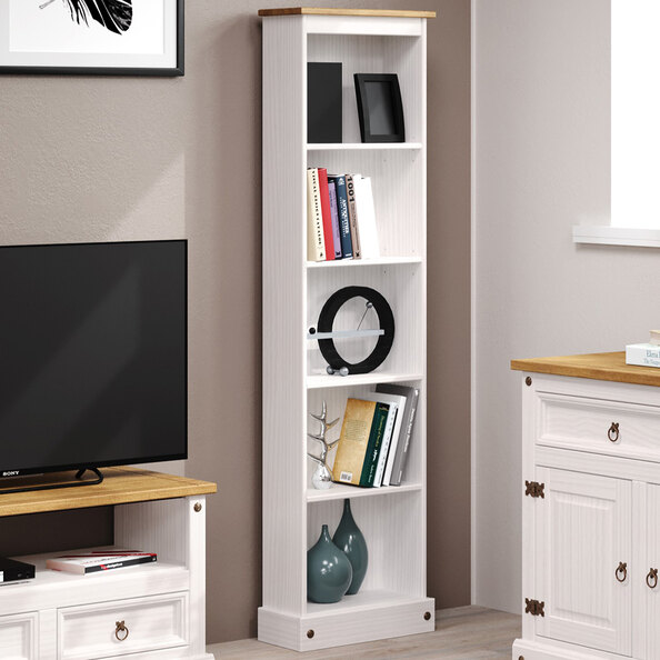 Consett Narrow Wooden Bookcase With 5 Shelves In White And Oak