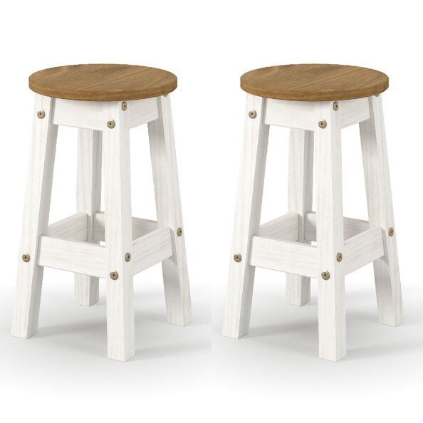 Consett White And Oak Round Wooden Bar Stools In Pair