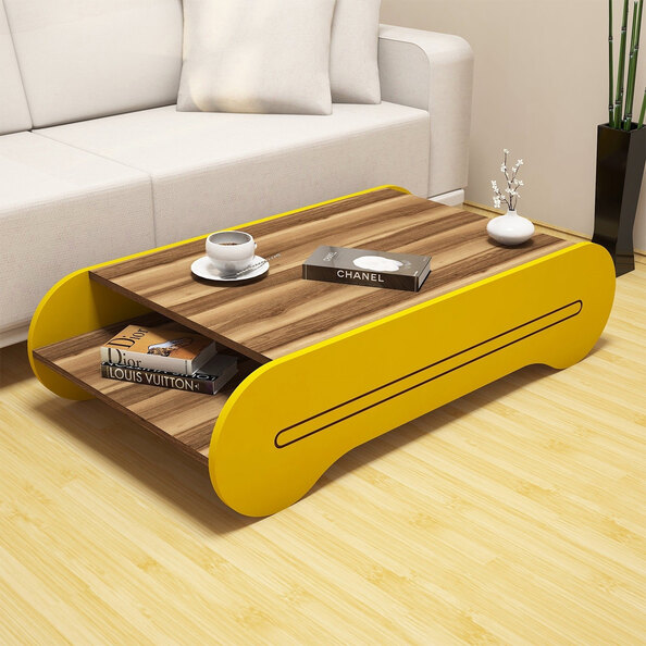 Cool Wooden Kids Coffee Table in Walnut and Yellow