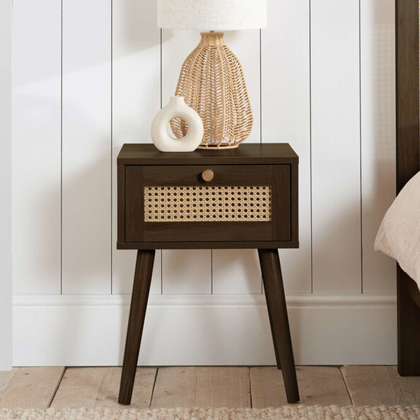 Coralie Wooden Bedside Cabinet with 1 Rattan Drawer in Walnut