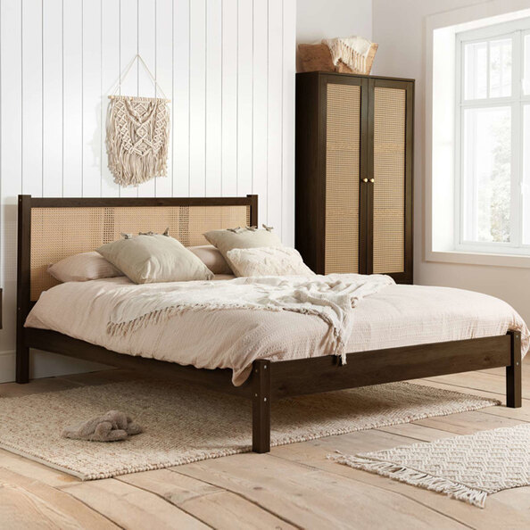 Coralie Wooden Double Bed with Rattan Headboard in Walnut