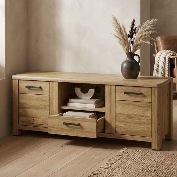 Corco Tall Wooden TV Stand with 2 Doors 1 Drawer in Grandson Oak