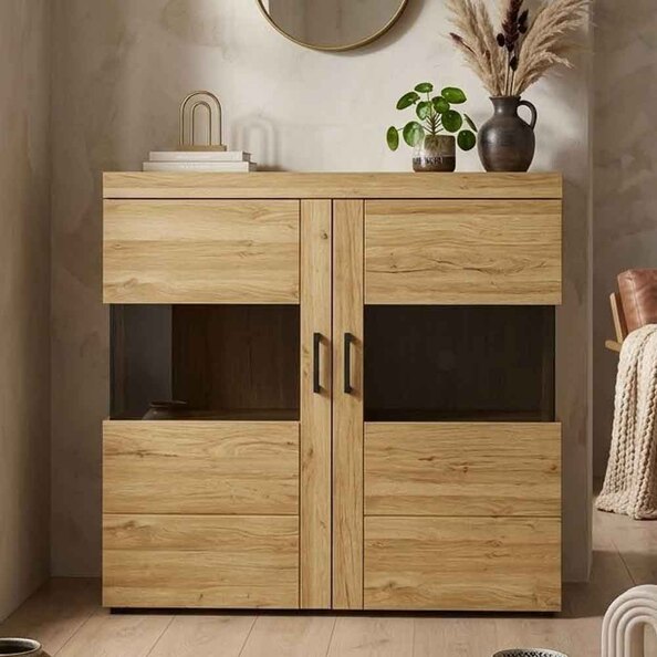 Corco Wide Wooden Display Cabinet with 2 Doors in Grandson Oak