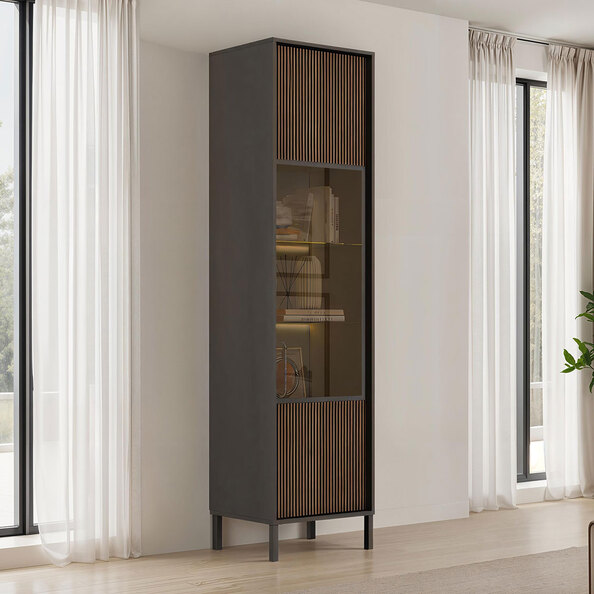 Cordina Tall Wooden Display Cabinet in Lava and Mercure with LED