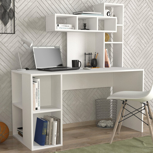 Corlano Wooden Laptop Desk With 9 Shelves In White