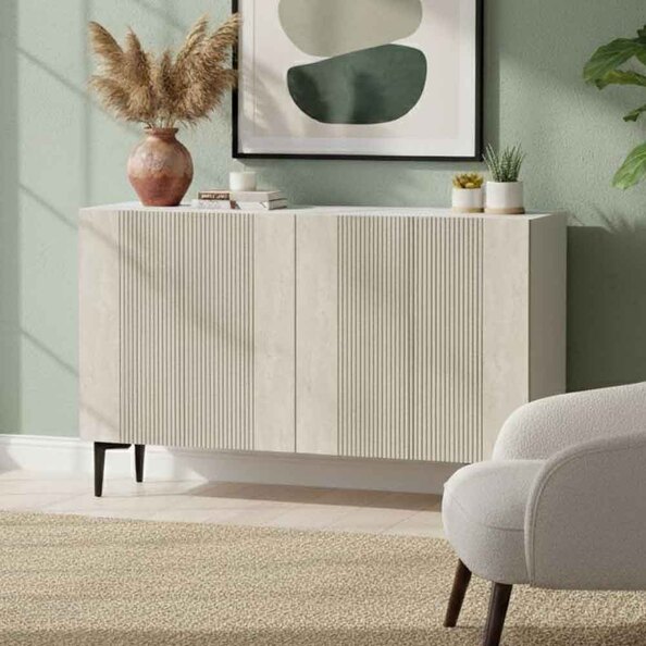 Corsa 1200mm Wooden Sideboard with 4 Doors in White and Travertine Marble Effect