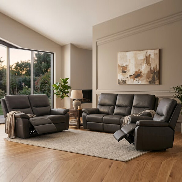 Cortina Leather Electric Recliner Sofa Suite in Charcoal