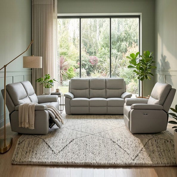 Cortina Leather Electric Recliner Sofa Suite in Grey