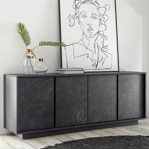 Corvi Wooden Sideboard With 4 Doors In Black Marble Effect