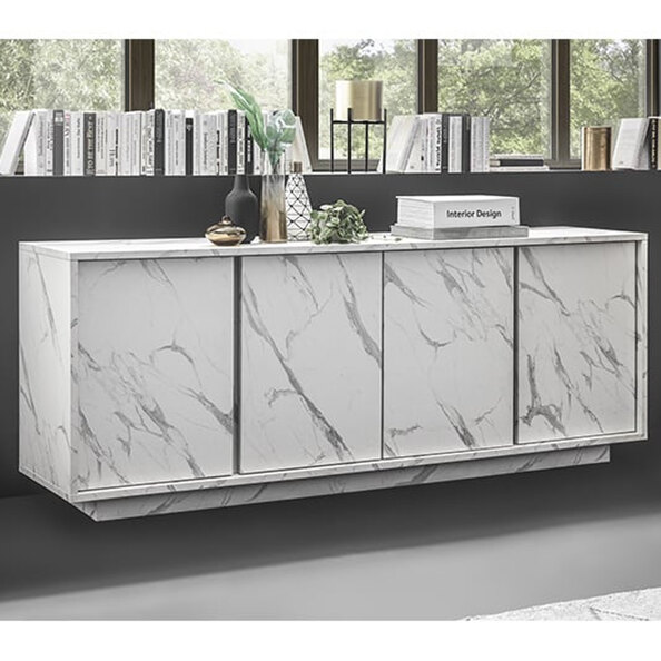 Corvi Wooden Sideboard With 4 Doors In White Marble Effect