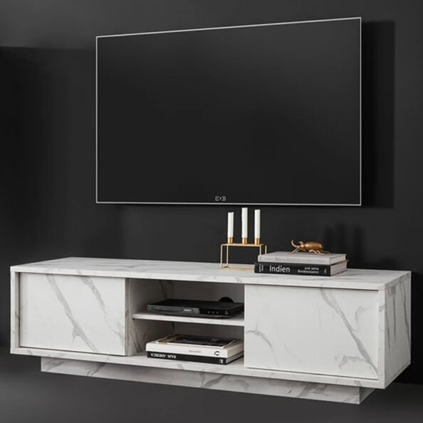 Corvi Wooden TV Stand With 2 Doors In White Marble Effect