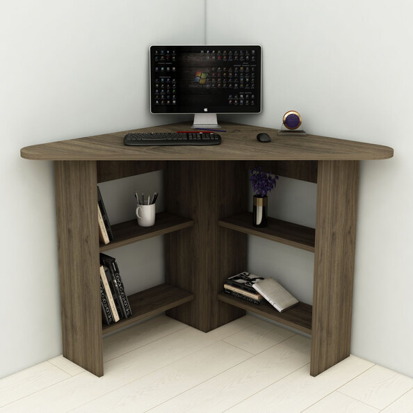 Corviano Wooden Corner Computer Desk With 4 Shelves In Walnut