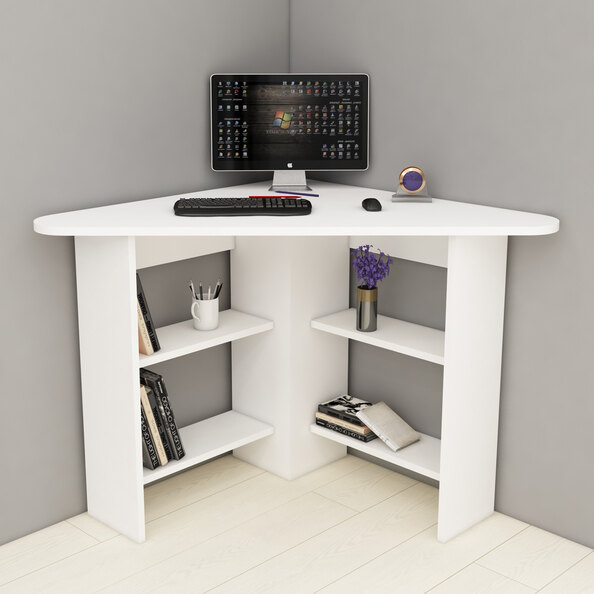 Corviano Wooden Corner Computer Desk With 4 Shelves In White