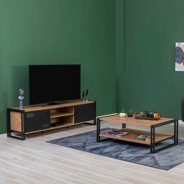 Cosmo Rectangular Wooden TV Stand and Coffee Table Set in Atlantic Pine and Black