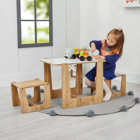 Crane Wooden Kids Table with 2 Stools in White and Natural