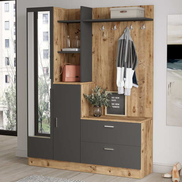 Davero Wooden Hallway Storage Cabinet With 1 Glass Door 2 Drawers In Atlantic Pine And Anthracite