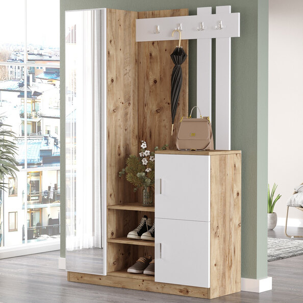 Davero Wooden Hallway Storage Cabinet With 1 Glass Door 3 Shelves In White And Atlantic Pine