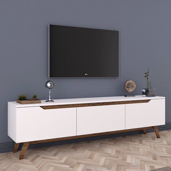 Davian Wooden TV Stand With 3 Doors In White And Walnut