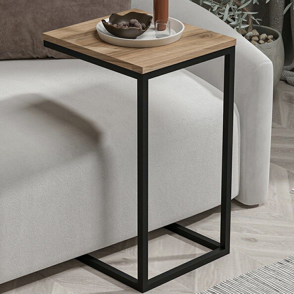 Davir Wooden Side Table With Black Metal Frame In Walnut