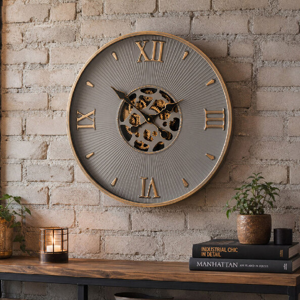 Daziro Metal Round Wall Clock in Grey and Gold
