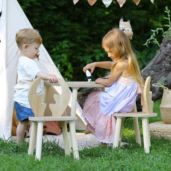 Deer Wooden Kids Table with 2 Chairs in Brown