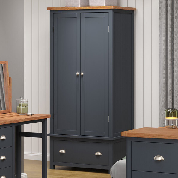Delavan Wooden Wardrobe With 2 Doors 1 Drawer In Midnight Blue Oak