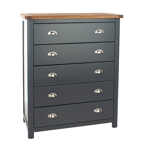 Delavan Wooden Wide Chest Of 5 Drawers In Midnight Blue And Oak